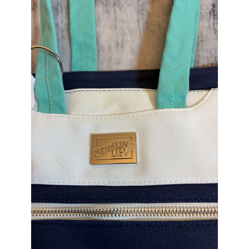 Stampin Up Canvas Craft Tote Bag Navy Blue Cream Teal Organizer Shoulder Bag - Picture 3 of 9